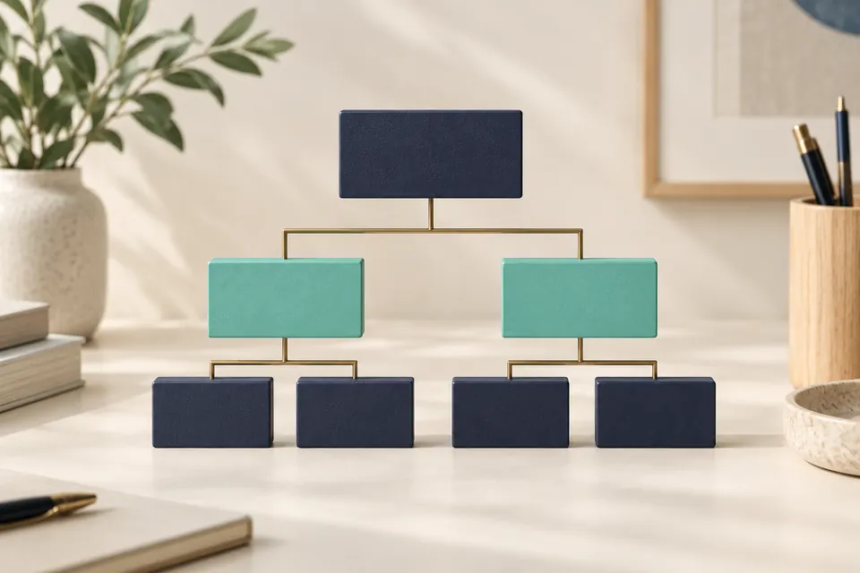Schematische bedrijfsstructuur met verbonden mintgroene en blauwe blokken